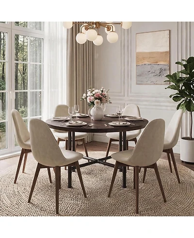 Tribesigns 47.24" Round Dining Table, Walnut and | Solid Wood Top, Metal Pipe Legs, Rustic Design