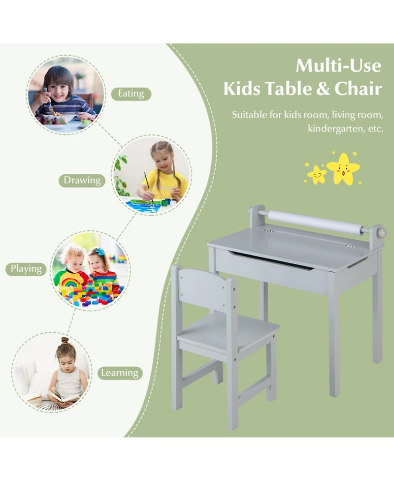 Gouun Wooden Kids Activity Table and Chair Set with Paper Roll Holder and Storage