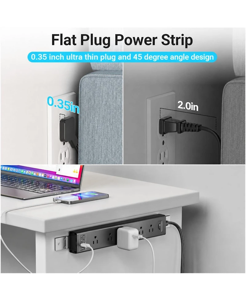 Lofree 360 Mountable Flat-Plug 6-Outlet Surge Protector for Usb-a and Usb-c Devices