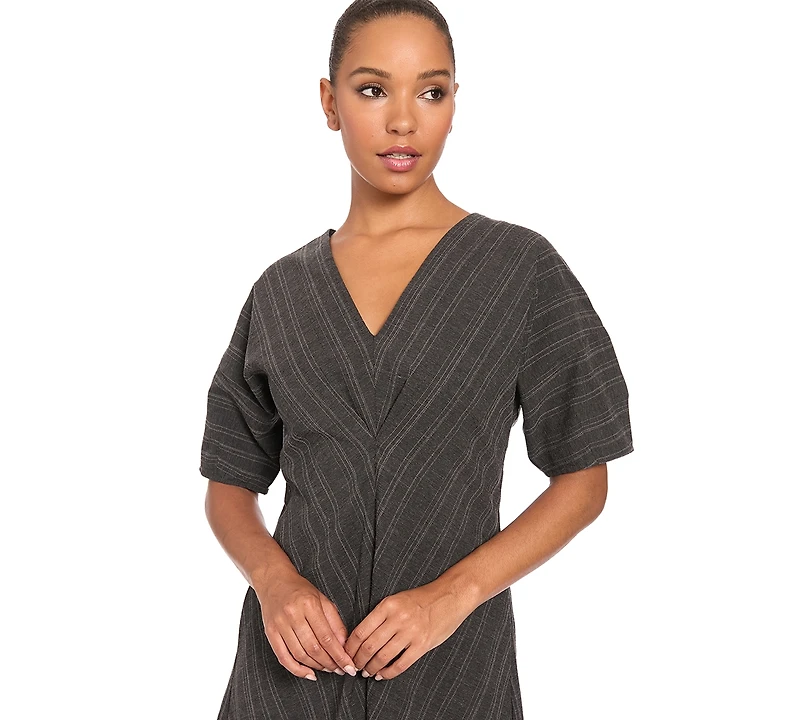 Luxely Women's 3/4 Puff-Sleeve V-Neck Striped Fit-and-Flare Midi Dress