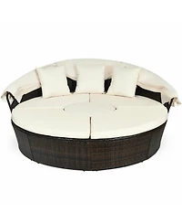 Gouun Patio Round Rattan Daybed Set with Retractable Canopy and Side Table