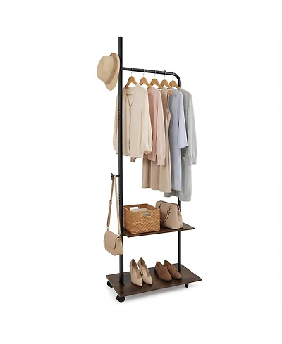 Costway Clothing Rack with Wheels, Wooden Garment Rack with Hanging Rod