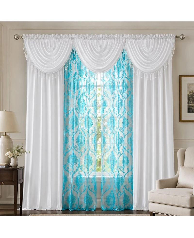 Kate Aurora 7 Piece Hampton Elegance Sheer Curtain Panels And Beaded Valances Set