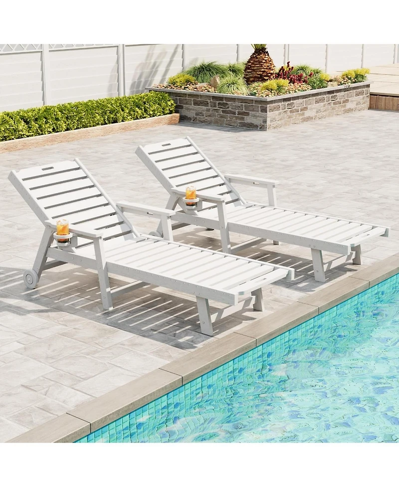 homfan Set of 2 Hdpe Chaise Lounge Chairs with 5-Position Backrest, Cup Holder and Wheels