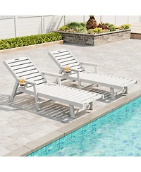 homfan Set of 2 Hdpe Chaise Lounge Chairs with 5-Position Backrest, Cup Holder and Wheels