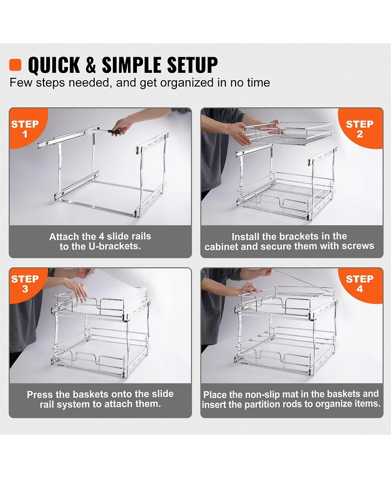 Sugift 2-Tier Pull Out Cabinet Organizer Steel Slide Out Pantry Shelves 15.5inWx22.5inDx19inH