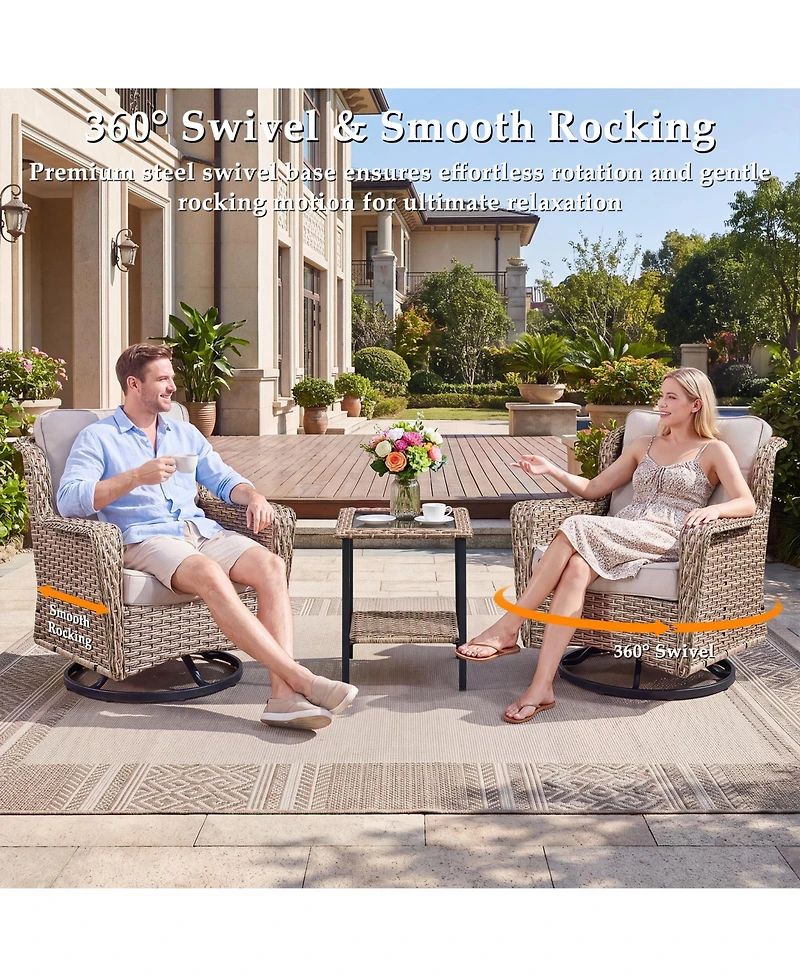 Pocassy 3 Pieces Patio Furniture Set, Outdoor Swivel Glider Rocker Set with Washable Cushion and Tempered Glass Table