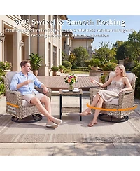 Pocassy 3 Pieces Patio Furniture Set, Outdoor Swivel Glider Rocker Set with Washable Cushion and Tempered Glass Table
