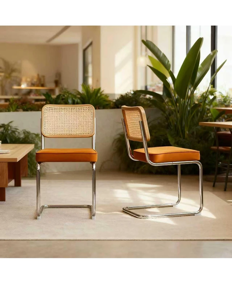 Flynama Set of 2 Velvet Rattan Cantilever, Tubular Steel Breuer Stackable Side Dining Chairs