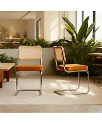 Flynama Set of 2 Velvet Rattan Cantilever, Tubular Steel Breuer Stackable Side Dining Chairs