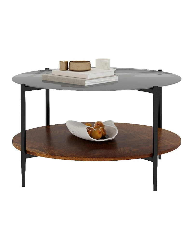 Flynama Mid Century Round Coffee Table Glass Top Wood Shelf Metal Frame Living Room Table