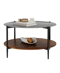 Flynama Mid Century Round Coffee Table Glass Top Wood Shelf Metal Frame Living Room Table