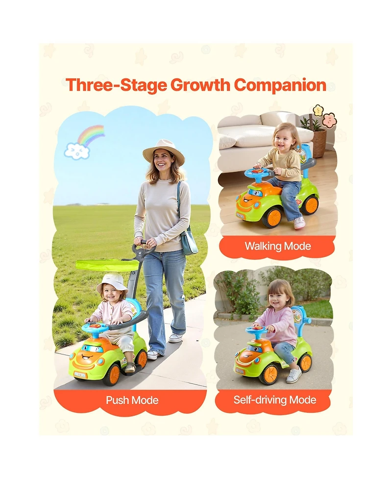 Sugift 3-in-1 Ride-On Push Car with Interactive Steering Wheel, Led Lights & Music, Guardrails, 55 lbs, Ages 19-36 Months