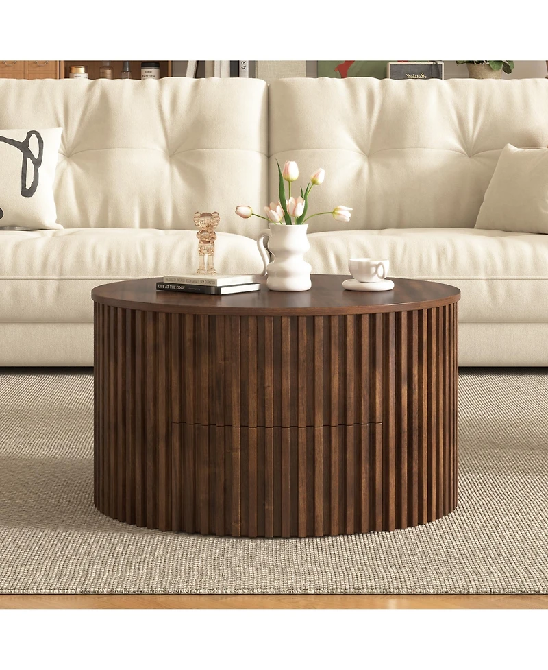 Flynama Round Lift Top Fluted Coffee Table, Solid Wood and Mdf Accent Table with Hidden Storage Drawer