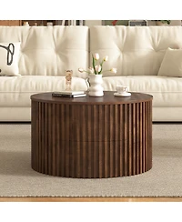 Flynama Round Lift Top Fluted Coffee Table, Solid Wood and Mdf Accent Table with Hidden Storage Drawer