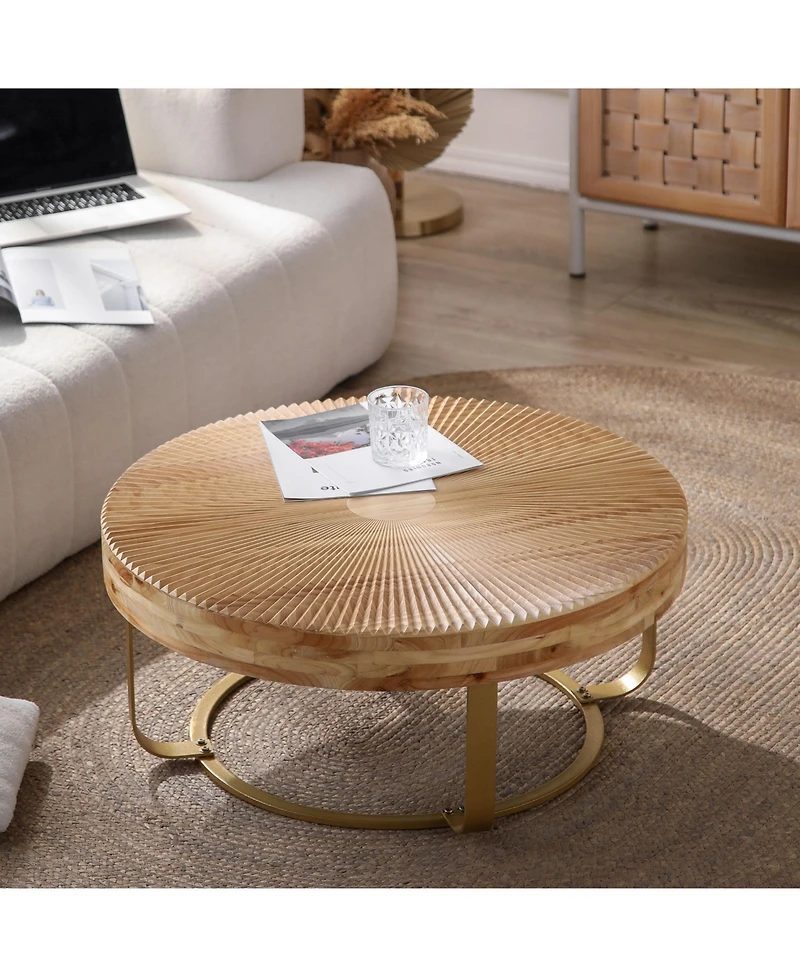 Flynama Round Wood Coffee Table Metal Legs Carved Pine Accent Living Room Table