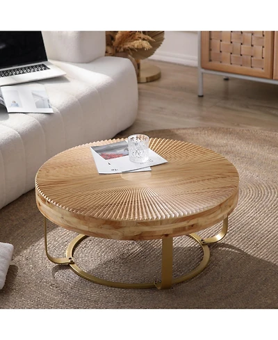 Flynama Round Wood Coffee Table Metal Legs Carved Pine Accent Living Room Table