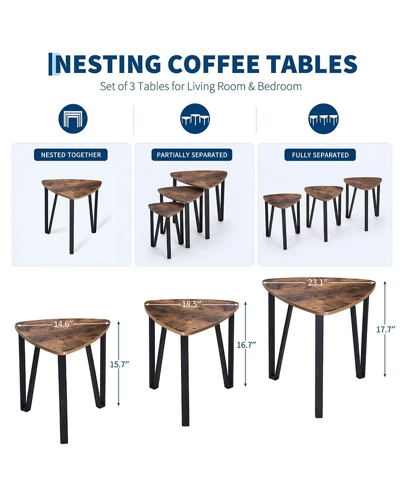homfan Set of 3 Triangle Nesting Coffee Tables – Industrial Stacking Side Tables with Metal Frame for Living Room and Bedroom