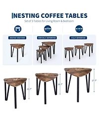 homfan Set of 3 Triangle Nesting Coffee Tables – Industrial Stacking Side Tables with Metal Frame for Living Room and Bedroom