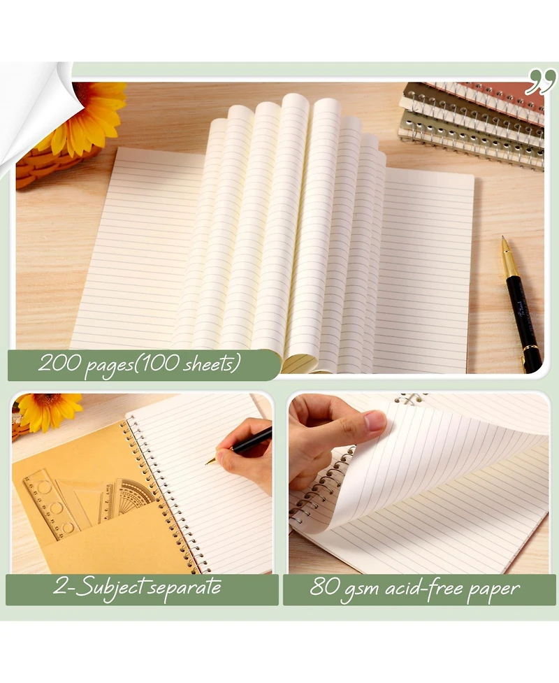 Danrong 2 Subject Spiral Notebooks College Ruled 100 Sheets Durable Pocket Divider Bulk for Office School Home