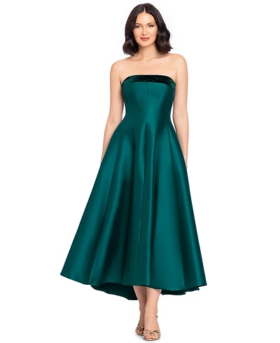 Betsy & Adam Women's Strapless Mikado With Velvet Stripe High Low Fit Flare Dress