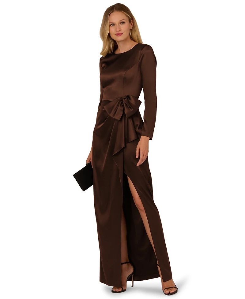 Adrianna Papell Women's Long-Sleeve Ruffle Bow Boat Neck Dress