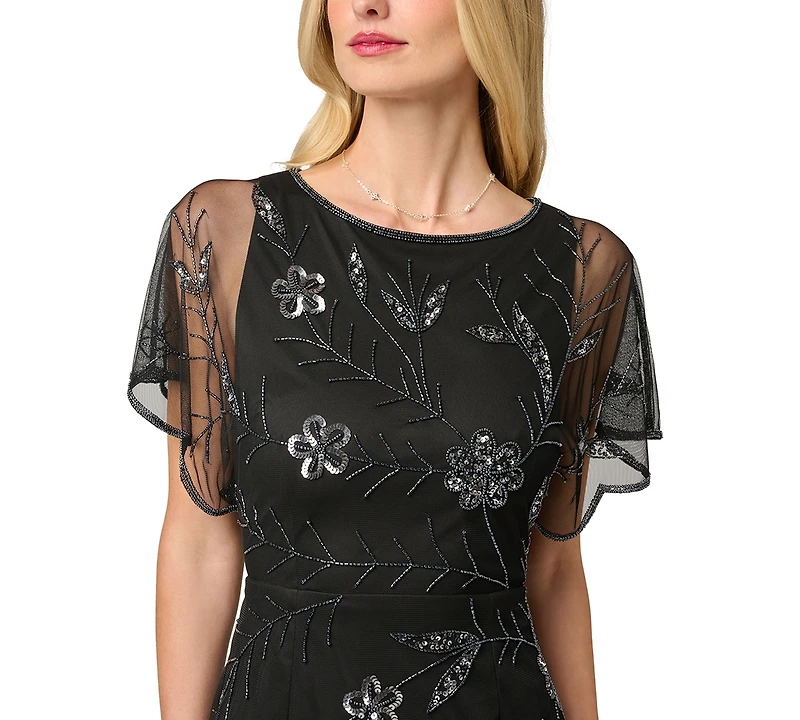 Adrianna Papell Women's Sheer-Flutter-Sleeve Floral-Print Beaded Dress