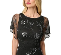 Adrianna Papell Women's Sheer-Flutter-Sleeve Floral-Print Beaded Dress