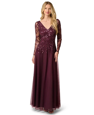 Adrianna Papell Women's Beaded V-Neck Long-Sleeve Dress