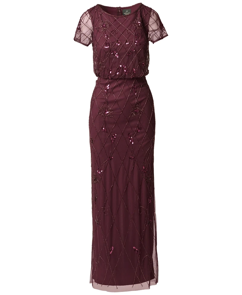 Adrianna Papell Women's Bead Blouson Boat Neck Short-Sleeve Long Dress