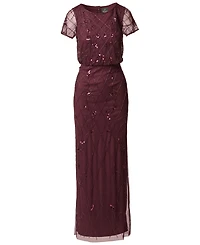 Adrianna Papell Women's Bead Blouson Boat Neck Short-Sleeve Long Dress