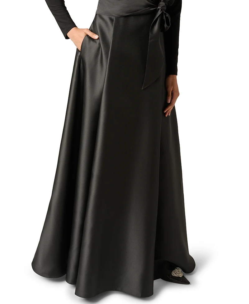 Adrianna Papell Women's Tuxedo Combo Fit and Flare Long-Sleeve Shawl Collar Satin Gown