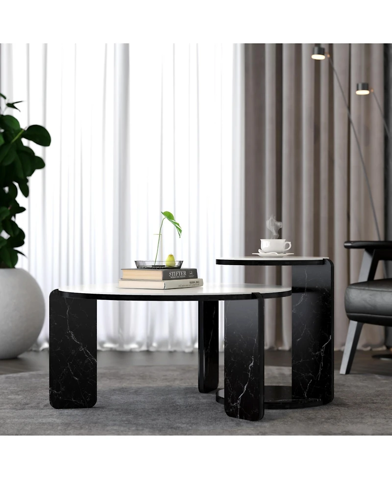 Flynama Set of 2 Round Nesting Coffee Tables, Sintered Stone Top and Mdf Frame, 32.68"+16.93" for Small Spaces