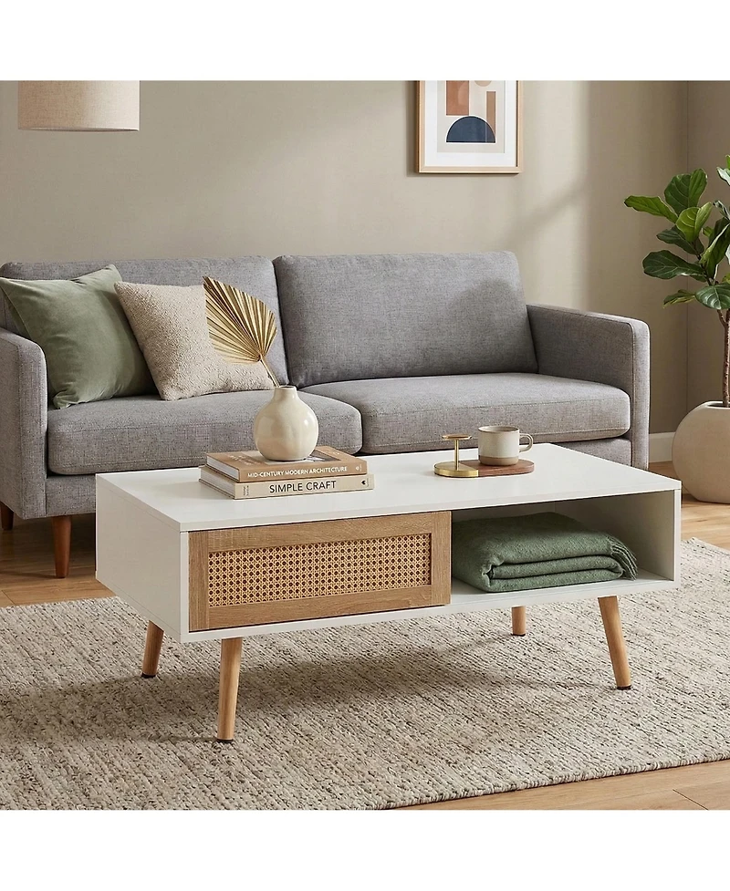 Flynama Rattan Coffee Table Sliding Door Storage Wood Leg Modern Living Room Table