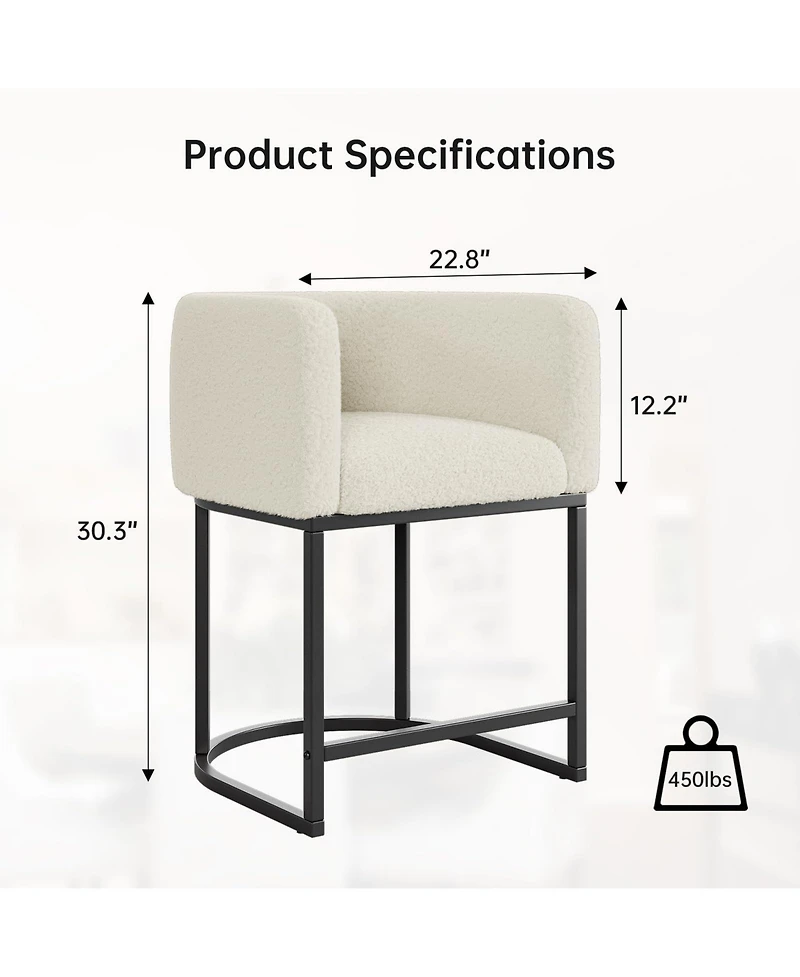 Bar Stools Set of 4 - Modern Lambswool Upholstered Counter Height Chairs with Backrest and Arms, Sturdy Black Metal Frame for Kitchen Island