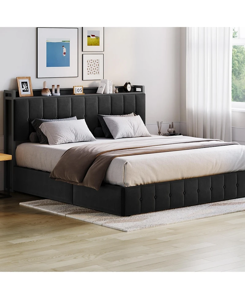 Gaomon King Bed Frame with Lift Up Storage, Bed with Storage Headboard and Charging Station, Metal Platform Bed .