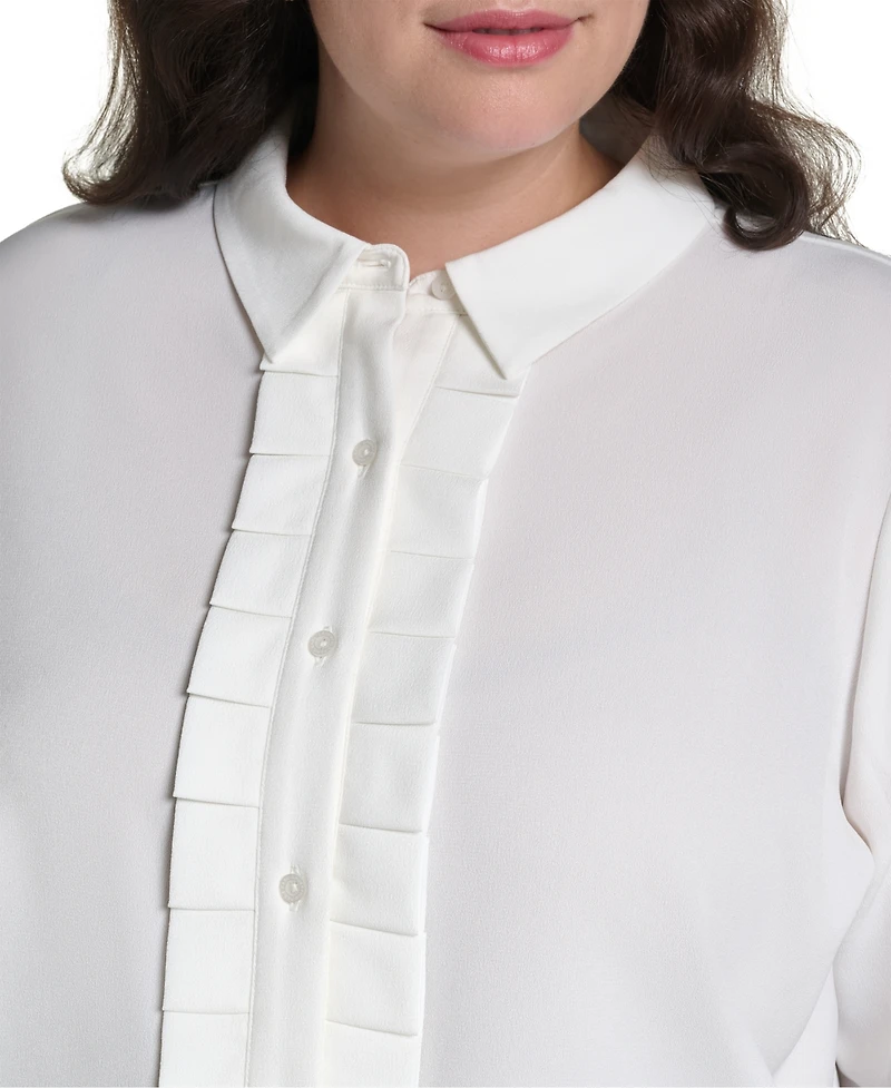 Karl Lagerfeld Paris Plus Long-Sleeve Collared Pleated Blouse