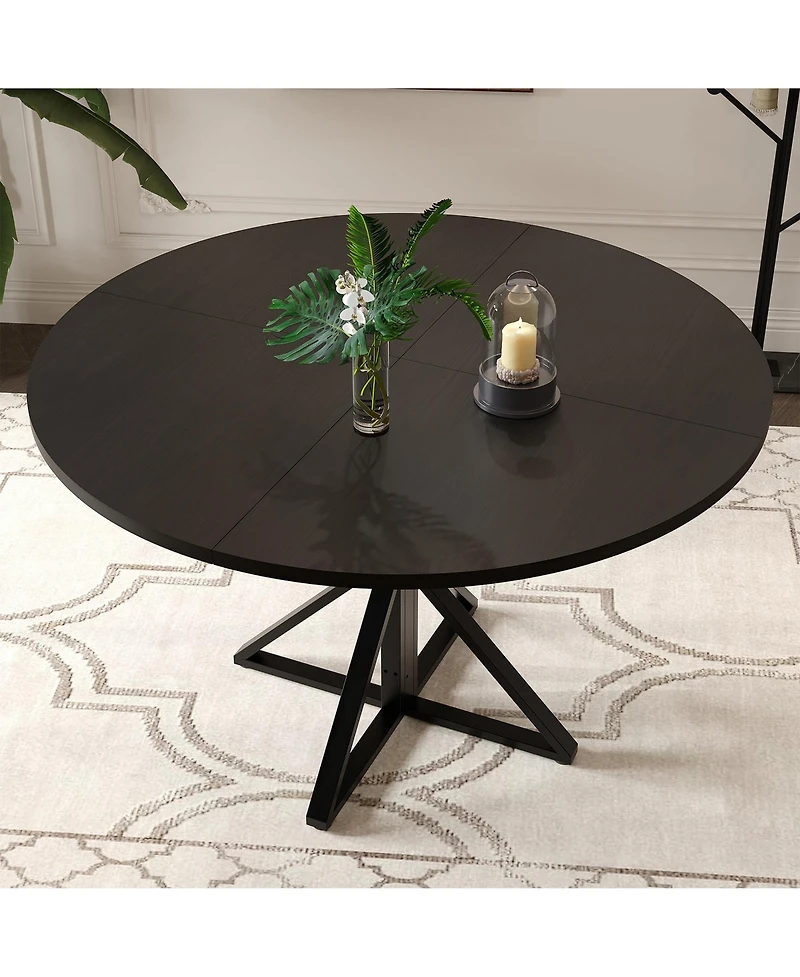 47 Inch Round Wood Dining Table, K-Shaped Carbon Steel Pedestal Base, Heat and Water Resistant Mdf Tabletop, Space Saving Industrial Dinner Table