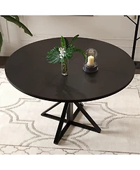 47 Inch Round Wood Dining Table, K-Shaped Carbon Steel Pedestal Base, Heat and Water Resistant Mdf Tabletop, Space Saving Industrial Dinner Table