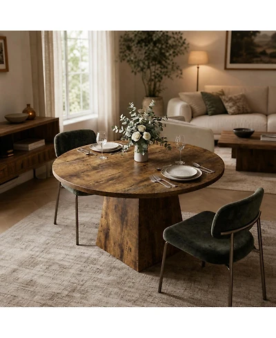 47-Inch Round Pedestal Dining Table, Seats 4-6, Oak Finish, 350 lb Capacity