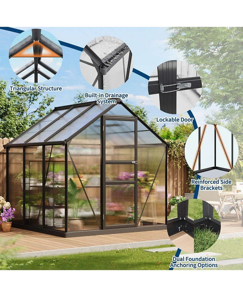 6x6 Ft Walk-In Outdoor Greenhouse, Aluminum Frame with Polycarbonate Panels for Patio Backyard Garden All-Season Plant Growing, Clear