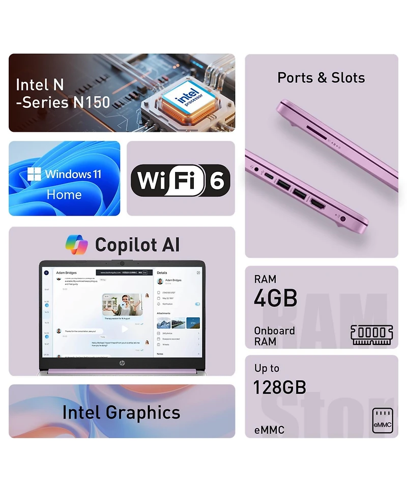 Hp Essential 14" Laptop, Intel N-Series N150, Intel Graphics, 4GB Ram, 128GB eMMC, Wi-Fi 6, Windows 11 Home, Purple