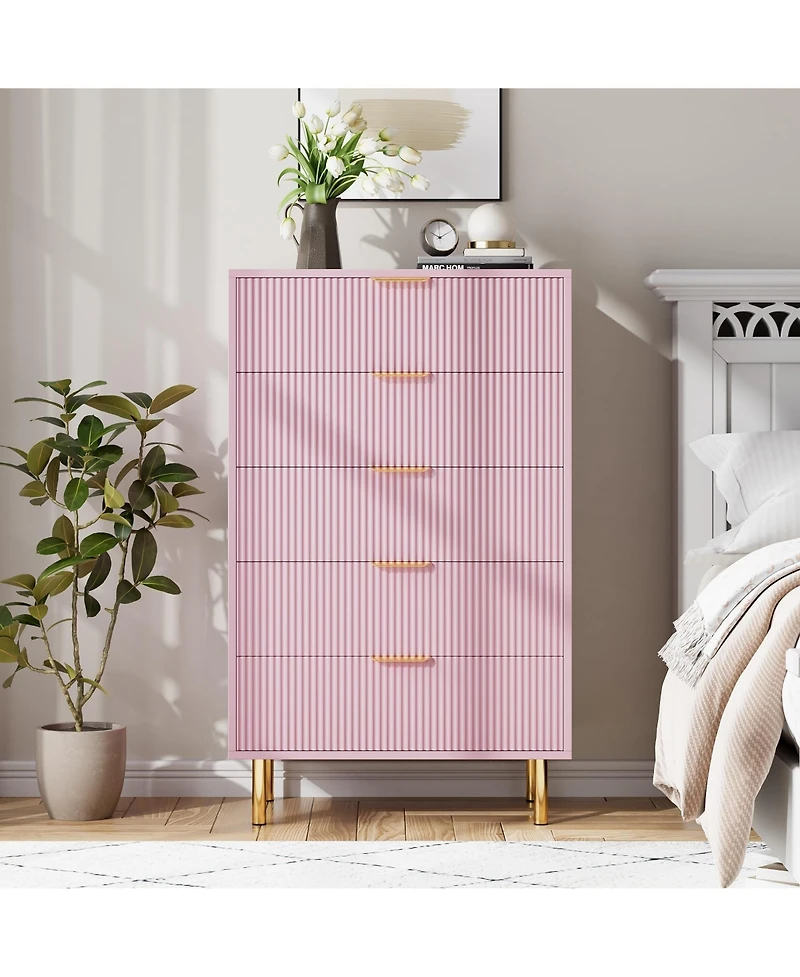 5 Drawer Dresser, Modern Fluted Chest of Drawers with Gold Handles, Multi-Purpose Storage Cabinet for Bedroom Living Room Entryway Hallway
