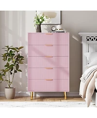 5 Drawer Dresser, Modern Fluted Chest of Drawers with Gold Handles, Multi-Purpose Storage Cabinet for Bedroom Living Room Entryway Hallway