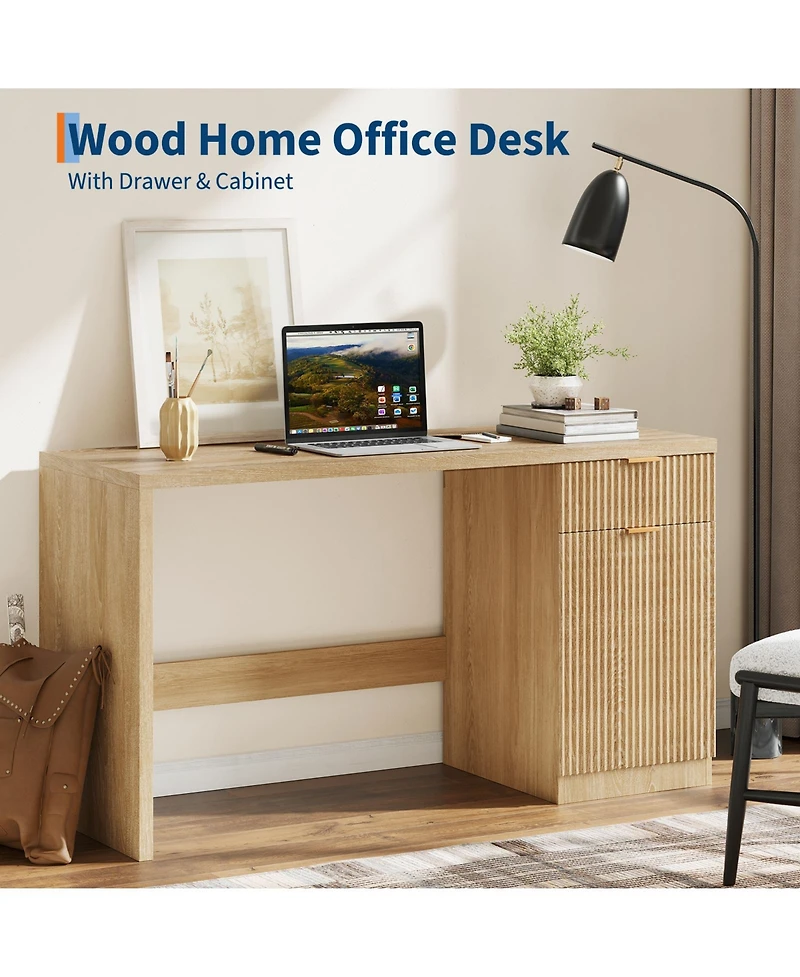 Executive Office Desk, 60 Inch Computer Writing Workstation with Drawer, Storage Cabinet for Home Office, Study, Bedroom, Natural Oak