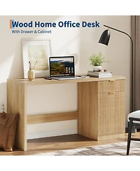 Executive Office Desk, 60 Inch Computer Writing Workstation with Drawer, Storage Cabinet for Home Office, Study, Bedroom, Natural Oak