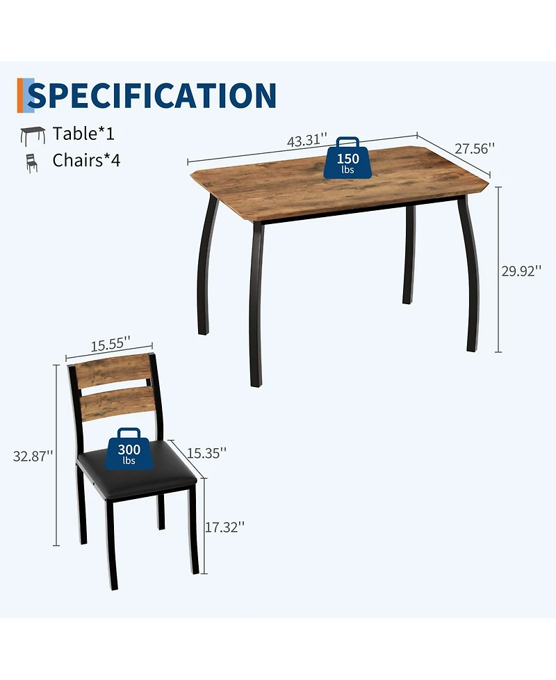 5-Piece Dining Table Set for 4, Space Saving Kitchen Furniture Set with Safe Chamfer Edge Table, Upholstered Chairs for Small Apartment