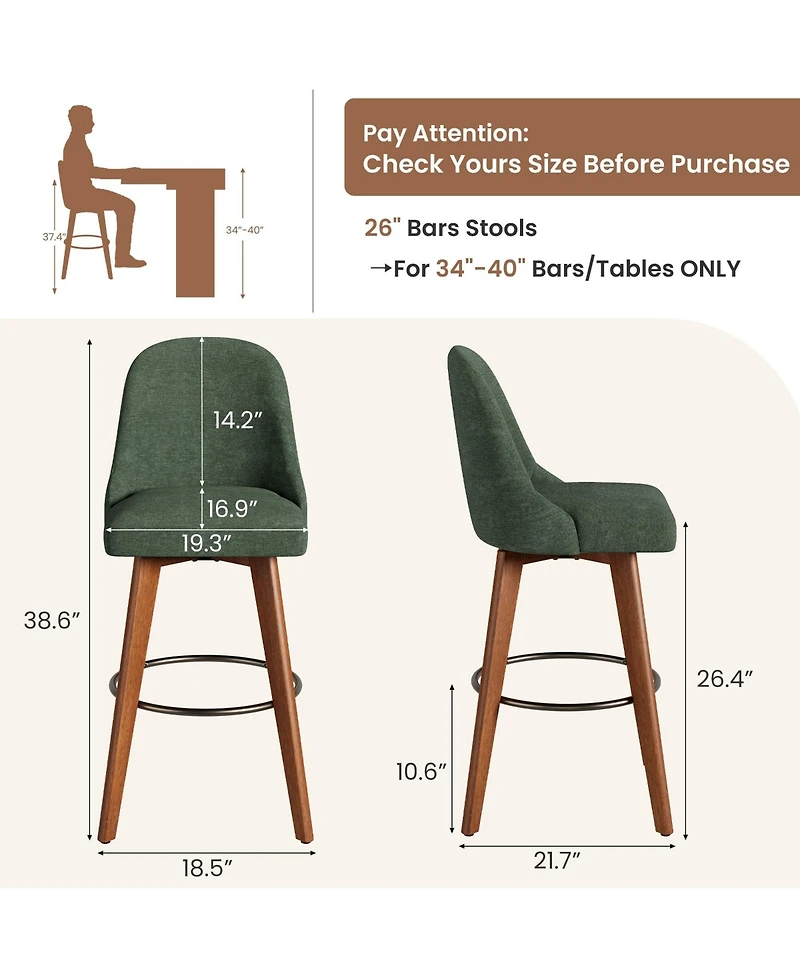 Counter Height Bar Stools Set of 4, Linen Fabric Upholstered Bar Chairs with Backs and Wood Legs, 360degree(s) Swivel Barstools