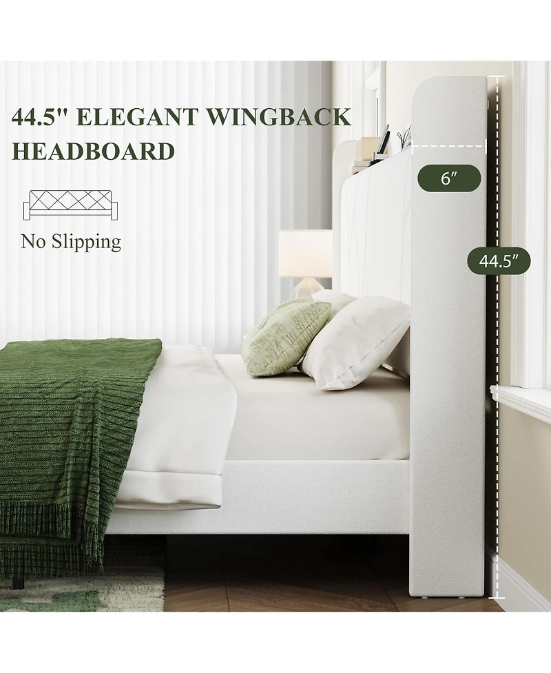 Bed Frame with Storage Headboard and Charging Station | Wingback Velvet Upholstered Platform Bed Frame, Solid Wood Slats Support