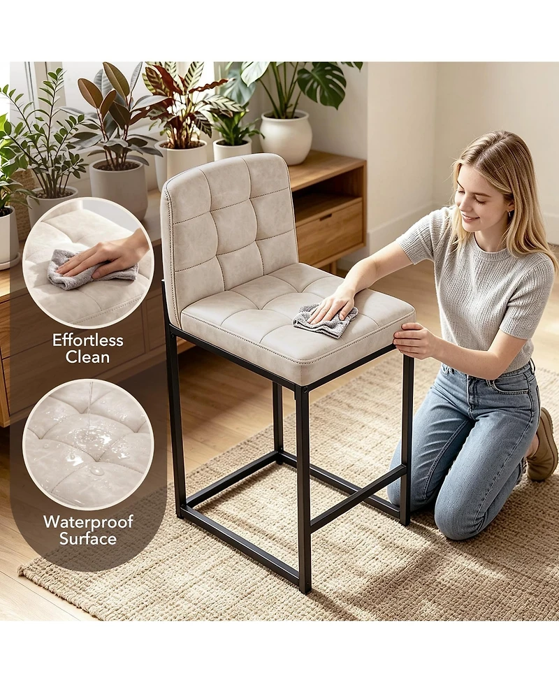 Set of 2 Modern Counter Height Bar Stools, Faux Leather Upholstered Stools with Backrest and Footrest, Armless Design and Metal Legs for Kitchen